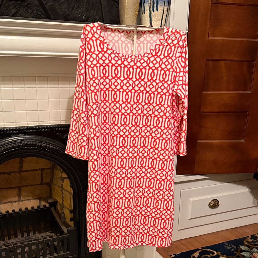 Lulu-B Orange/Red and White Patterned Long Sleeve Dress-‎ worn 3x 150 retail